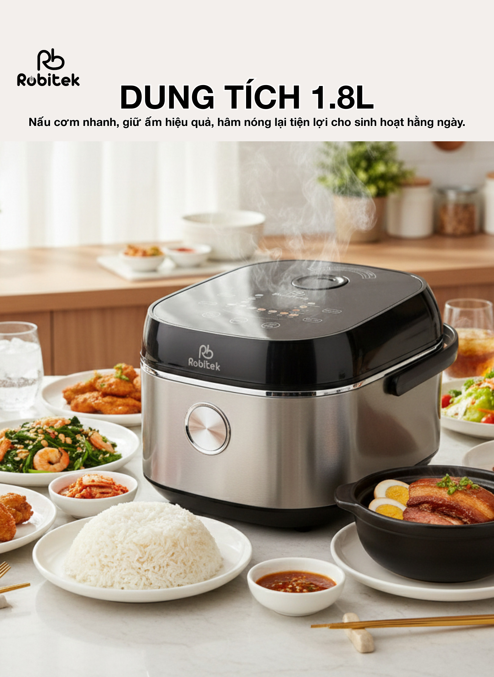 NỒI CƠM ĐIỆN LÒNG INOX ROBITEK RC18 COLOR – DUNG TÍCH 1.8L – NẤU CƠM TÁCH ĐƯỜNG, NỒI CƠM 14 CHỨC NĂNG